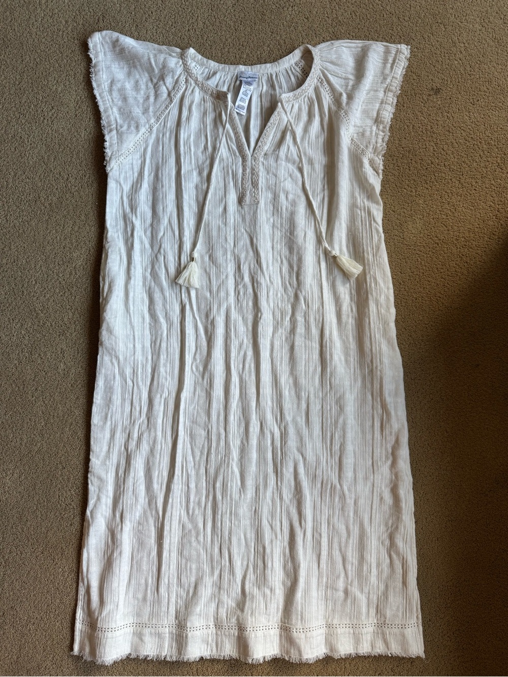 Tommy Bahama White Boho Shift Dress Tassel Tie Neck Lightweight Women’s L/XL